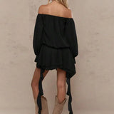 ADVBRIDGE  -  Chic Low Neck Lace Up Mini Dress Elegant Solid Flare Sleeve Pleated Off Shoulder Gown New Women Highstreet Holiday Dresses 2025