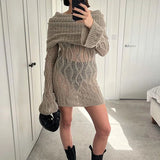 Advbridge Temperamental Slim Party Short Dress Winter Solid Color Perspective Knitted Sweater Elegant Slash Neck Long Sleeve Crochet Dress