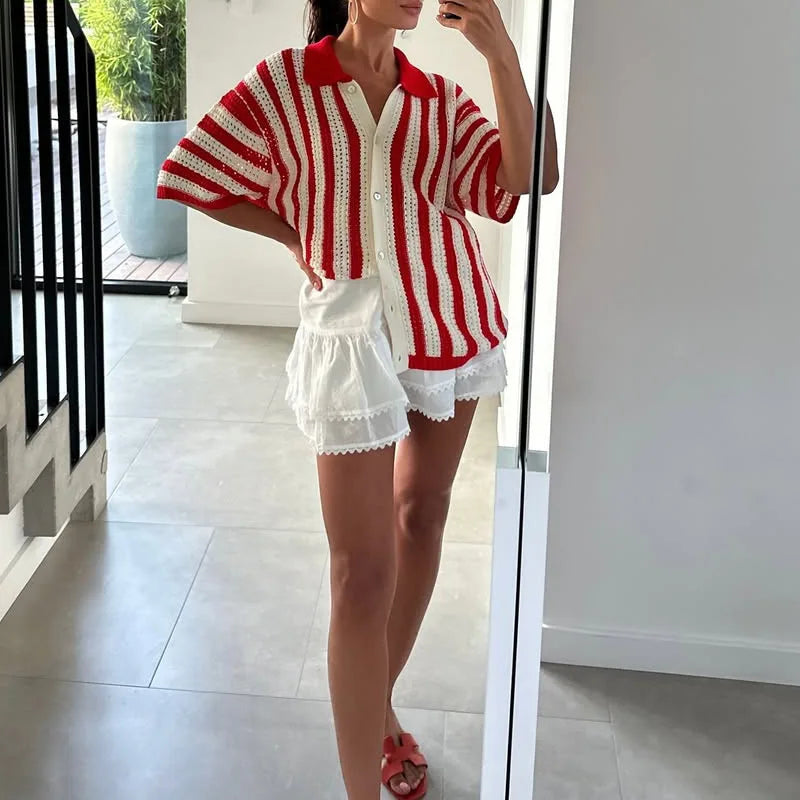 ADVBRIDGE  -  Red Striped Crochet Blouse Women Summer New Single Breasted Lapel Collar Hollow Out Blouses Streetwear Casual Short Sleeve Shirt