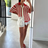 ADVBRIDGE  -  Red Striped Crochet Blouse Women Summer New Single Breasted Lapel Collar Hollow Out Blouses Streetwear Casual Short Sleeve Shirt
