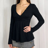 ADVBRIDGE  -  Simple Solid Americna Ruffle V Neck Buttons Design Shirst Y2k A-line Sexy Low V Neck Long Sleeve Women Tops Harajuku Casual Tees