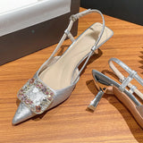 Advbridge High Heeled Sandals Women Rhinestone Pointed Toe Pumps Women Sandals Satin Elegant Office Shoes New Summer Low Heel Mule Sandals