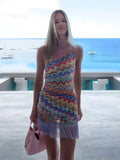 ADVBRIDGE  -  Fringe Printed Women Halter Dress Striped Slim Fit Sexy Bikini Vest Camisole Patchwork Beach Tassel Short Strap Dresses Summer