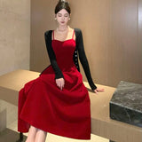 ADVBRIDGE  -  Vintage Velvet Spaghetti Strap Dress Women Elegant Party Sexy Slim Skirt French Autumn Winter High Waist Bottom Dress