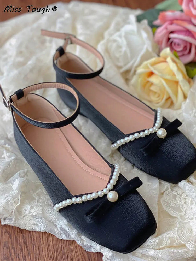 Advbridge -  French Vintage Sandals Women Autumn Korean Style Elegant Sweet Sandals Ladies Bow Beaded Design Pure Color Chic Flat Shoes