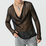 Advbridge Mens Sexy See-Through Mesh Long-Sleeved Top 2024 New Genderless Nightclub Individuality Youthful Thin Low-Cut T-Shirt Unisex