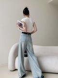 Advbridge  Women's Burr Edge Design Wide Leg Jeans Cool Girl High Waisted Wash Blue Loose Thin Pants Female Casual Baggy Denim Trousers
