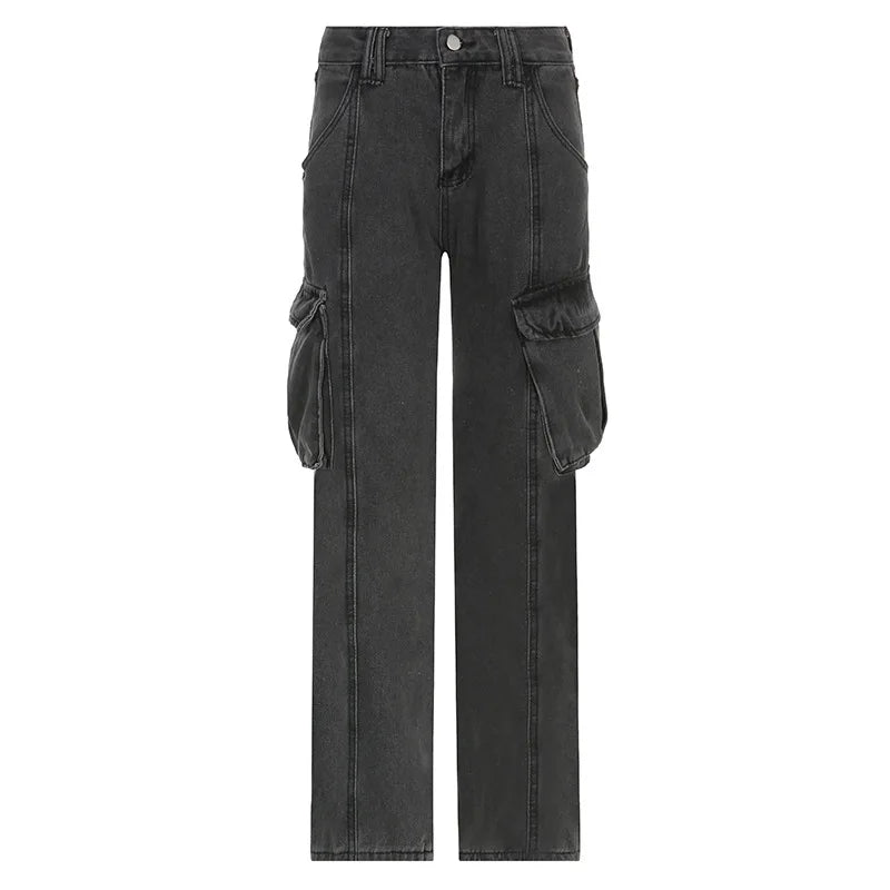 Advbridge  High Waisted Retro Women's Summer Cargo Pants Multiple Pockets Dark Gray Vintage Fashion Tooling Style Straight Wide Leg Trouser