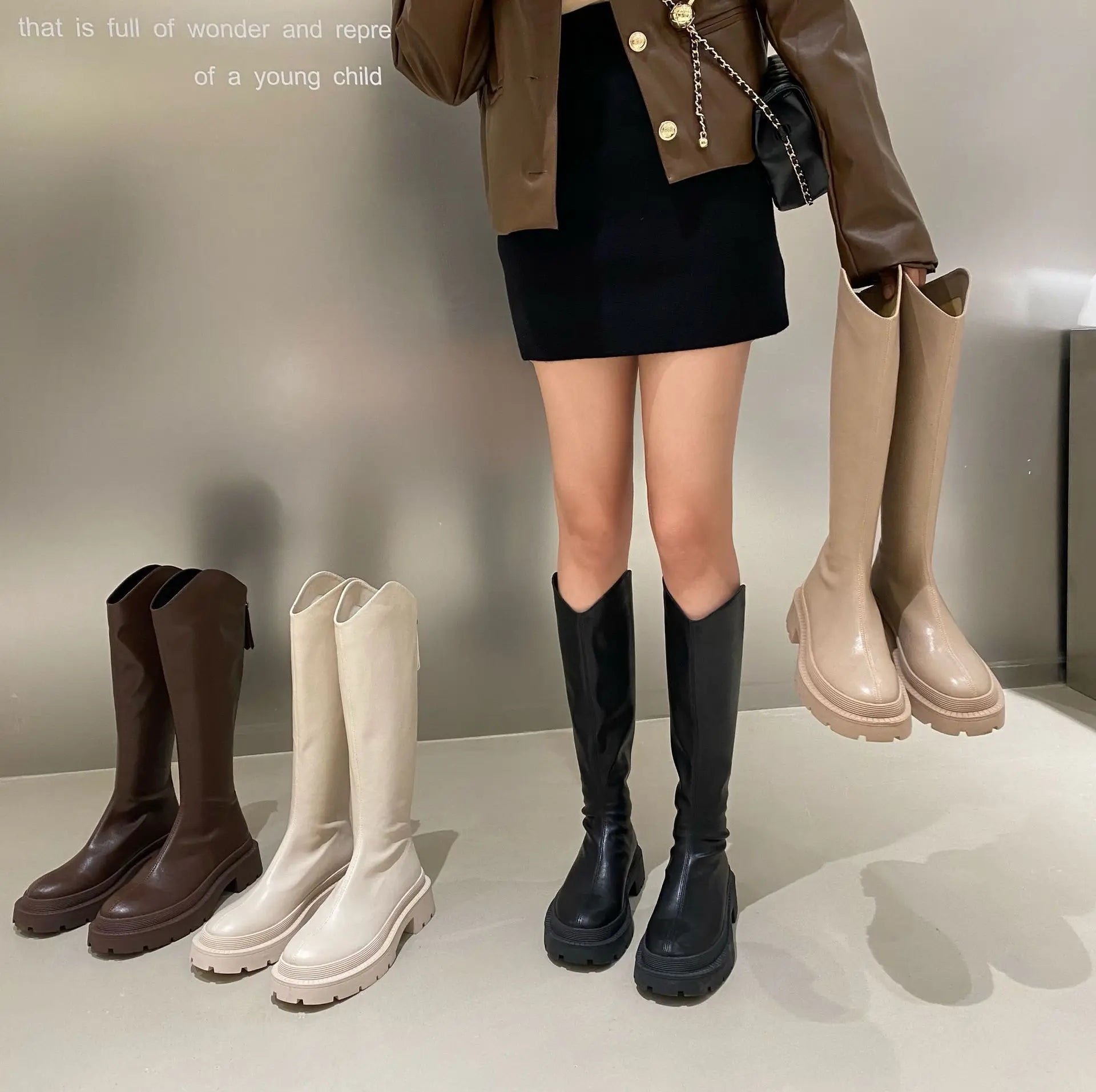 Advbridge Leather Long Boots Chunky Martin Boots Spring and Autumn New Style Back Zipper British High-cut Knee Length Boots