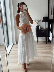 Advbridge Sleeveless Hollow Out White Belt Long Dress High Waist X-shaped Half High Collar Dress Elegant Office Lady Lace Midi Dresses