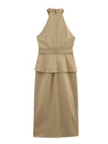 ADVBRIDGE  -  Safari Style Crossed Neck Dressess Women Elegant Sleeveless Belt Pockets Tube Long Dressess Female 2025 Summer New Lady Outwears