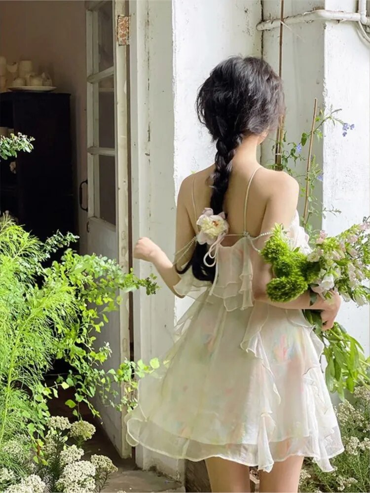 Advbridge France Vintage Sweet Tie-dyed Fairy Dress Summer Women Elegant Chic Ruffles Princess Dresses Female Casual Beach Vestidos