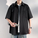 ADVBRIDGE  -  Men's Vertical Stripe Lapel Textured Loose-Fit Short Sleeve Shirt Casual Breathable Top Comfortable Wear, Trendy Summer Style