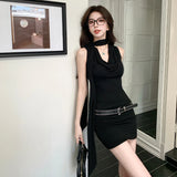 ADVBRIDGE  -  Summer Dresses for Women's Black Sexy Knitted Vestidos V-neck Casual Lace-up Sleeveless Chic Slim Elegant Hip Dress