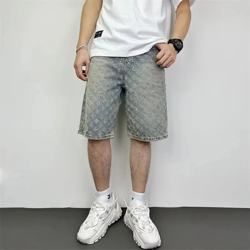 Advbridge Denim Shorts Men Summer Boys Cargo Pants Loose Straight Mid-Length Trousers Elasticated Waist American High Street Trend Shorts