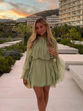 Advbridge Pleated High Waisted Solid Color Casual Women's Dress Chic Layered Ruffled Flared Long Sleeved Robes Ladies Street New Vestidos