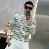 Advbridge Men Clothing Trendy Plaid Print Business Casual Slim Sweatshirts Male Korean Round Neck Long Sleeve Slim Pullover Tops Sudadera