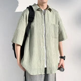 ADVBRIDGE  -  Men's Vertical Stripe Lapel Textured Loose-Fit Short Sleeve Shirt Casual Breathable Top Comfortable Wear, Trendy Summer Style