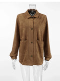 Advbridge Casual Suede Long Sleeve Jackets Women Autumn Loose Brown Lapel Jacket Coat With Pockets Female Elegant Chic Street Outwear