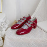 Advbridge French Marie Red Shoes Wedding Shoes Shallow V-Shape Buckle Vintage Thick Heel Genuine Leather Flats Women's Shoes Summer