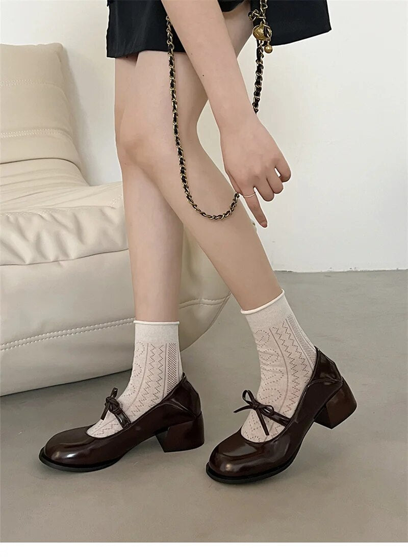 Advbridge Elegant Mary Jane Pumps Woman High Heels Shoes Leather Casual Shoes Women Square Heeled Shoes Ladies Sweet Style Lolita Shoes