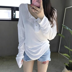 Advbridge - Pure Sexy Style Hot Girl Curved Hem Long-sleeved T-shirt Women's Spring Loose Casual Sun Protection Base Shirt Female Clothes