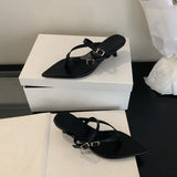 ADVBRIDGE  -  Red Thong Heeled Sandals Woman Low Heels Sandals Black Pointed Toe Belt Buckle Summer Shoes Comfort Sandalias De Mujer Verano