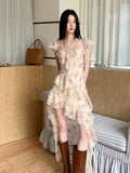 ADVBRIDGE  -  French Retro Printed Dress Women Summer Short Sleeved Chiffon Square Neck Vestidos Elegant Irregular Ruffle Design Fashion Dress