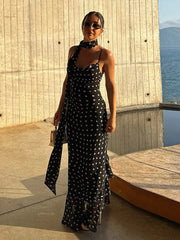 ADVBRIDGE  -  Retro Polk Dot Long Dress With Ribbon Women Sexy Low Cut Sleeveless Pleated Slim Evening Dresses Female Spring Chic Street Party