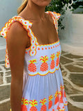 ADVBRIDGE  -  Halter Lace Up Print Dress Cake Contrast Color Pleated Layered Suspender Baggy Women Beach Strap Long Dresses Fuffy Robes Summer