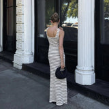 Advbridge Black White Striped Knitted Beach Dress Women Elegant Casual Sleeveless Loose Long Dresses Summer Holiday Vacation Outfits 2024