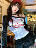 Advbridge Vintage Sexy Off Shoulder T-Shirts Women Y2k Letter Long Sleeve Crop Top Blokecore American Retro Streetwear T-Shirts