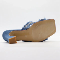 ADVBRIDGE  -  Luxury Design Crystal Rhinestone Women Slippers Sandal Blue Denim Summer 8CM Slides High Heels Sexy Square Toe Party Dress Shoes