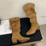 ADVBRIDGE  -  Western Style Fashion Hemp Tassel Knee High Boots Women Winter Street Pointed Toe Cowboy Boots Low Thick Heels Long Shoes