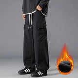 ADVBRIDGE  -  Men's Clothing Elastic Cargo Straight Trousers Solid Color High Waist Pockets Spring Autumn Drawstring Casual Loose Pants