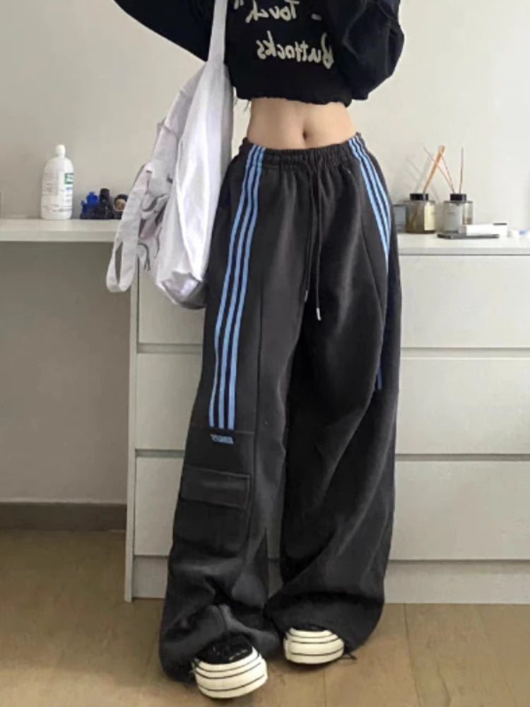 Advbridge Y2k Stripe Sweatpants Women Hip Hop High Waist Vintage Loose Wide Leg Pants Streetwear Elastic Casual Black Oversize Pants