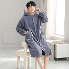 Advbridge Men Hooded Winter Sleepwear Thicken Flannel Warm Plush Shower Robe Japanese Style Solid Men's Bathrobe Soft Male Night Gown