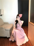 ADVBRIDGE  -  Spring Summer 2025 Pink Elegant Evening Woman Dress French Bow Pleated Square-Collar Length Dresses Abend Kleider New Vestidos