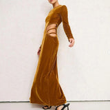 Advbridge French Elegant Hollow Waist Bright Luxury Party Dress Women Long Sleeve Long Dress Temperament Golden Velvet Slim Winter Dress