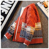 Advbridge Japanese Retro Patchwork Diamond Grid V-neck Cardigan Sweater for Men Loose and Stylish Casual Knitwear Jacket