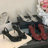 ADVBRIDGE  -  Silver Heels Sandals Ladies Summer Shoes 8cm Stiletto Heeled Sandals Sexy Belt Buckle Burgundy Office Shoes Female