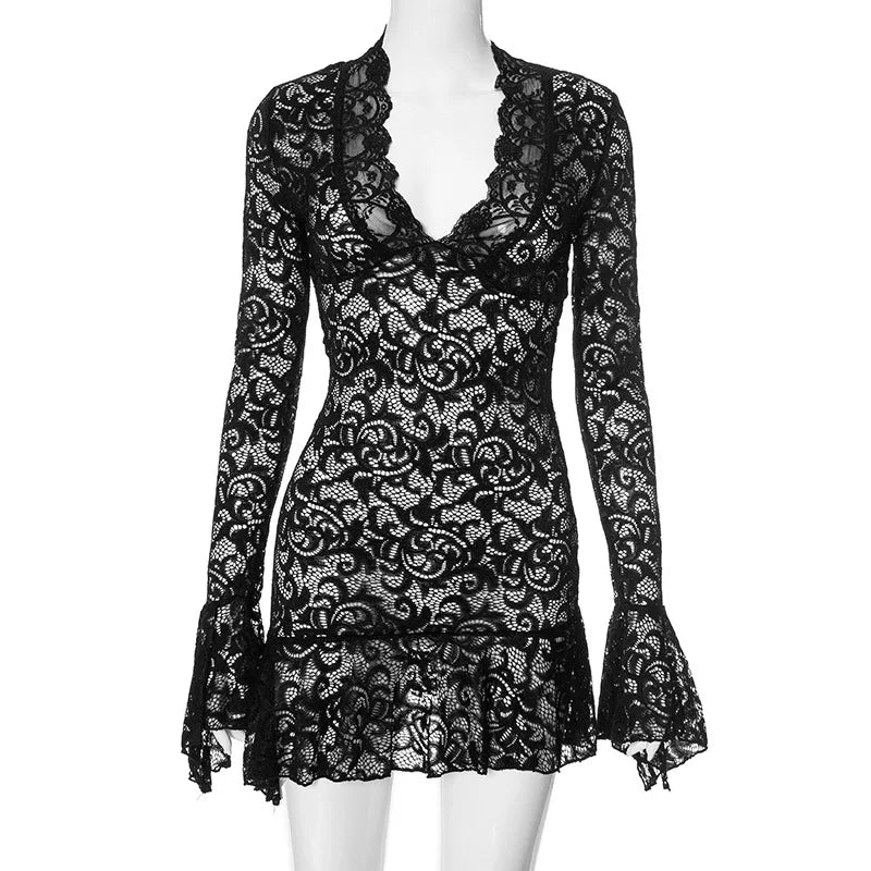 Advbridge Elegant Lace See Throug Mini Dress for Women Sexy V-Neck Flare Long Sleeve Bodycon Party Dress Autumn Winter Club Dress 2024