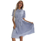 Advbridge New Women's Short-sleeved Polka-dot Pleated Dress Round Neck Tie-up Elegant Dresses for Women Flare Sleeve Summer Dress