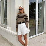 Advbridge Autumn and Winter Sweater Pullovers Women Brown O Neck Striped Sweater Casual Loose Pullovers