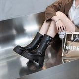 Advbridge 9CM Genuine Leather Women Boots Causal Knee High Boots Shoes Motorcycle Ankle Booties Platform Wedge Thick Sole Buckle Shoes