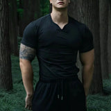 Advbridge Men's Fashion Casual T Shirt Summer New Solid V-Neck Short Sleeve Top Tight Tee Shirts Muscle Male Workout Sexy T-Shirt LGBT