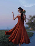 Advbridge  French Red Strap Long Dress Thin Shoulder Strap Dress Small Show Seaside Skirt Long Dress Hot Summer Vacation Beach Red Dress