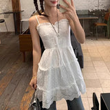 ADVBRIDGE  -  Y2K Hollow Out White Mini Dress Women Retro Kawaii Ruffles Spaghetti Strap Dress Woman Ballet Style Bowknot Sleeveless Dresses