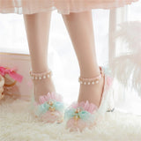 Advbridge Japanese Sweet Style Lolita Shoes Wedding Girls Cosplay Tea Party Elegant Pearls Ribbon Bowknot Lace Flower 8cm High Heel Shoes