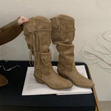 ADVBRIDGE  -  Western Style Fashion Hemp Tassel Knee High Boots Women Winter Street Pointed Toe Cowboy Boots Low Thick Heels Long Shoes